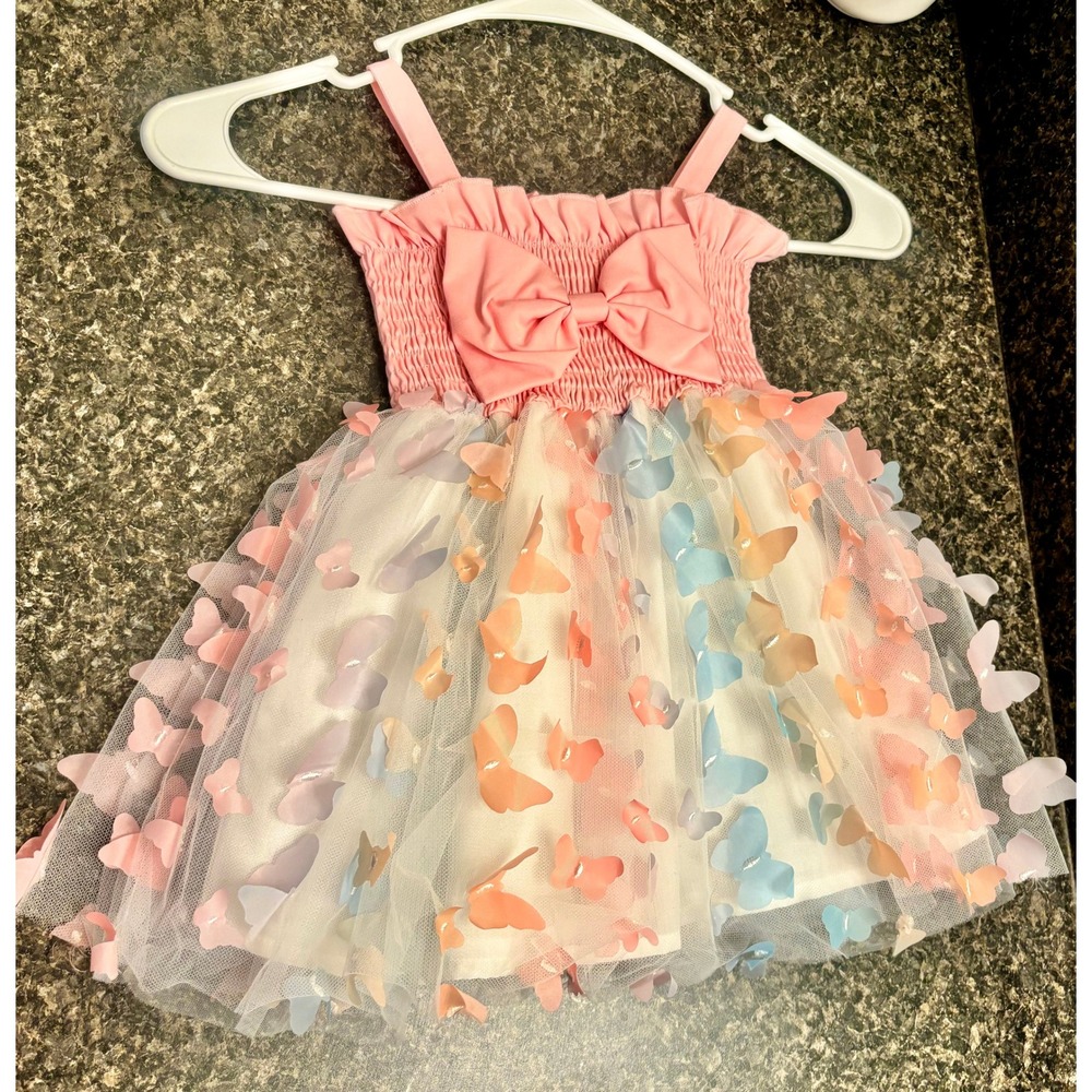 Girls Pink Smocked Butterfly Tulle Dress 24 Months Pastel 3D Applique Bow